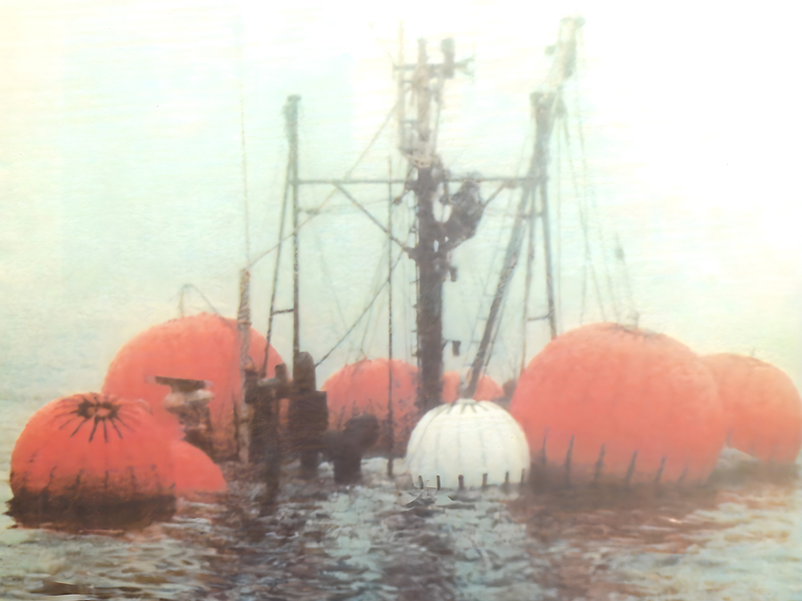 Fishing boat with large orange buoys at sea.