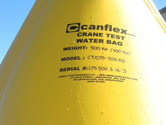Yellow Canflex crane test water bag with specifications.