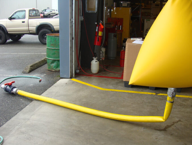 Industrial safety equipment at a warehouse entrance.