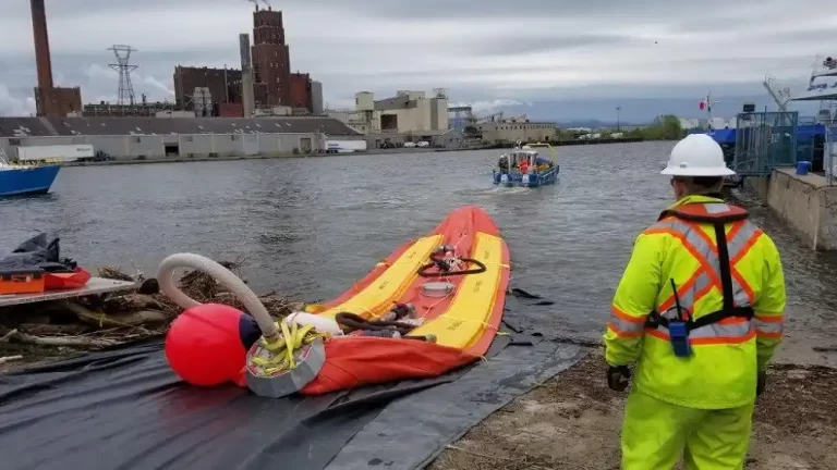 Worker by river with deflated boat, industrial buildings.