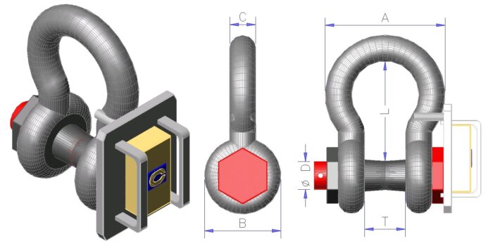 3D model of a shackle with dimensions