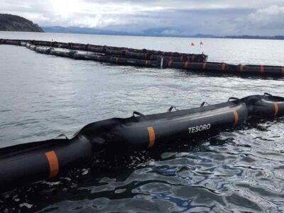 Floating barriers on water surface.