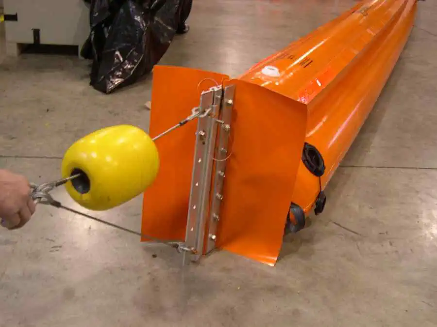 Orange inflatable pontoon with attached metal frame