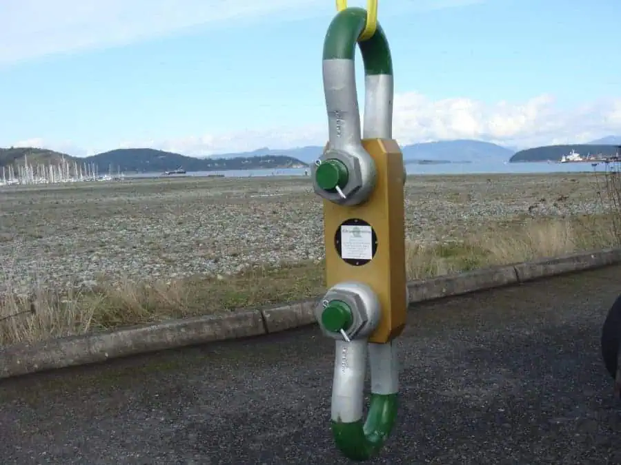 Heavy-duty shackle load cell near waterfront.
