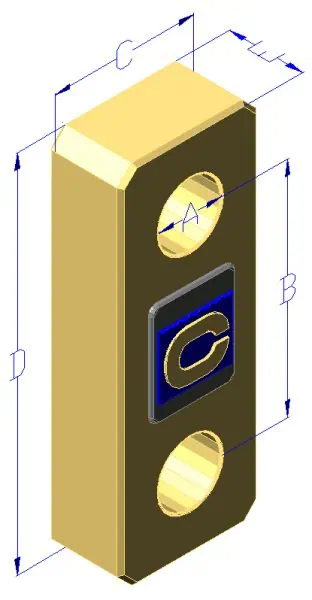 3D model of metallic component with labeled dimensions