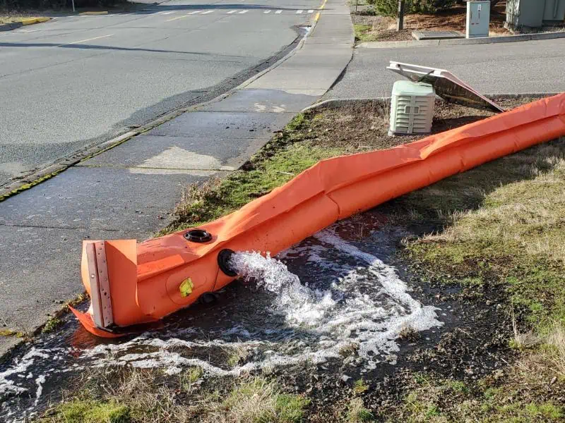 Orange pipe leaking water onto roadside grass