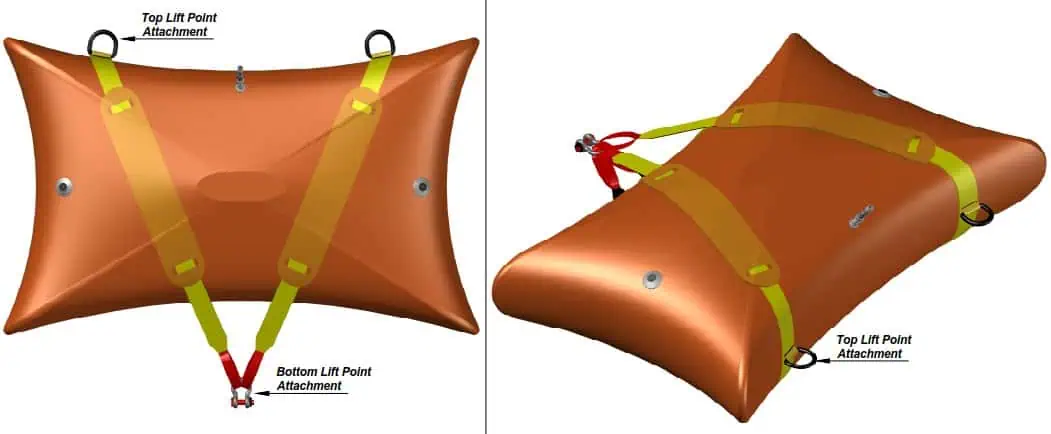 Orange lift bag with top and bottom attachments