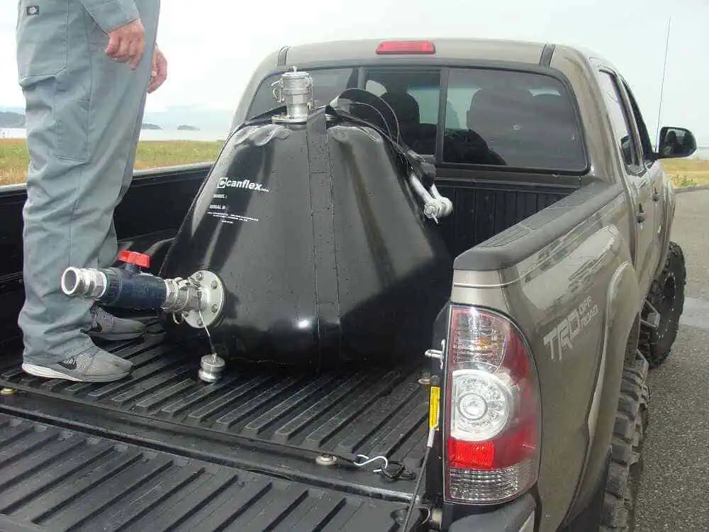 Large water bladder in truck bed