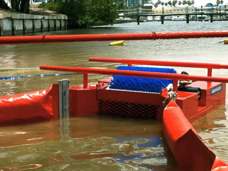 Floating river machine collecting water debris