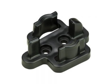Black plastic mounting bracket with screw holes