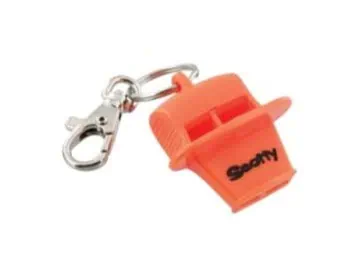 Orange plastic whistle keychain with metal clip