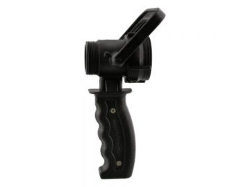 Black handheld trigger nozzle attachment on white background