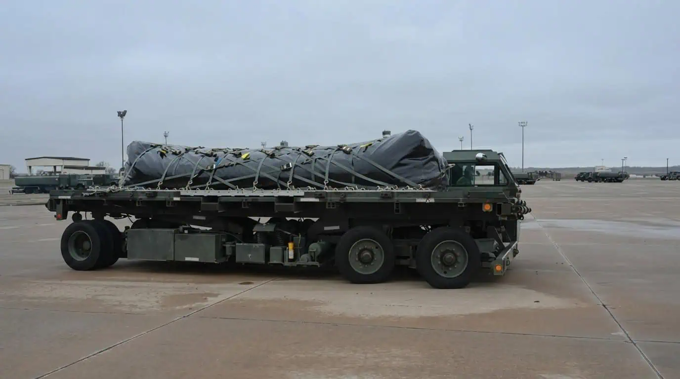 Military flatbed truck carrying covered cargo on runway
