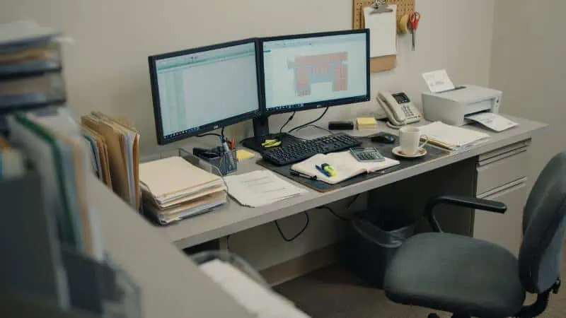 Office desk with dual monitors and paperwork